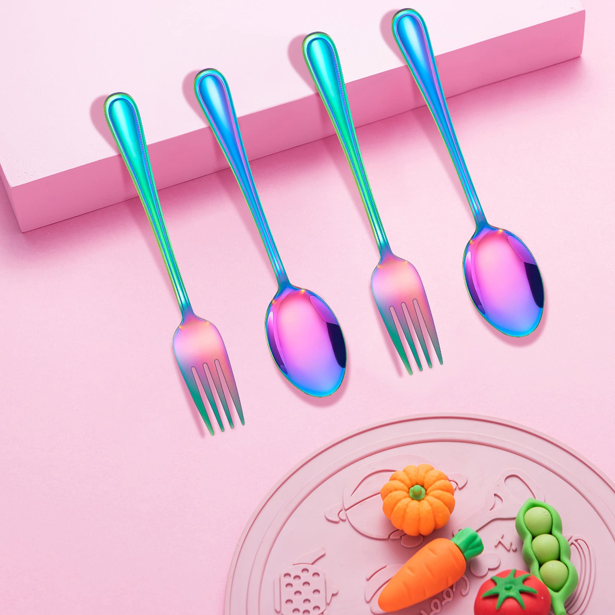 LIANYU 6-Piece Kids Forks and Spoons Silverware Set, Rainbow Children Toddler Utensils Set, Stainless Steel Child Flatware Cutlery Set for Home Preschools, Dishwasher Safe