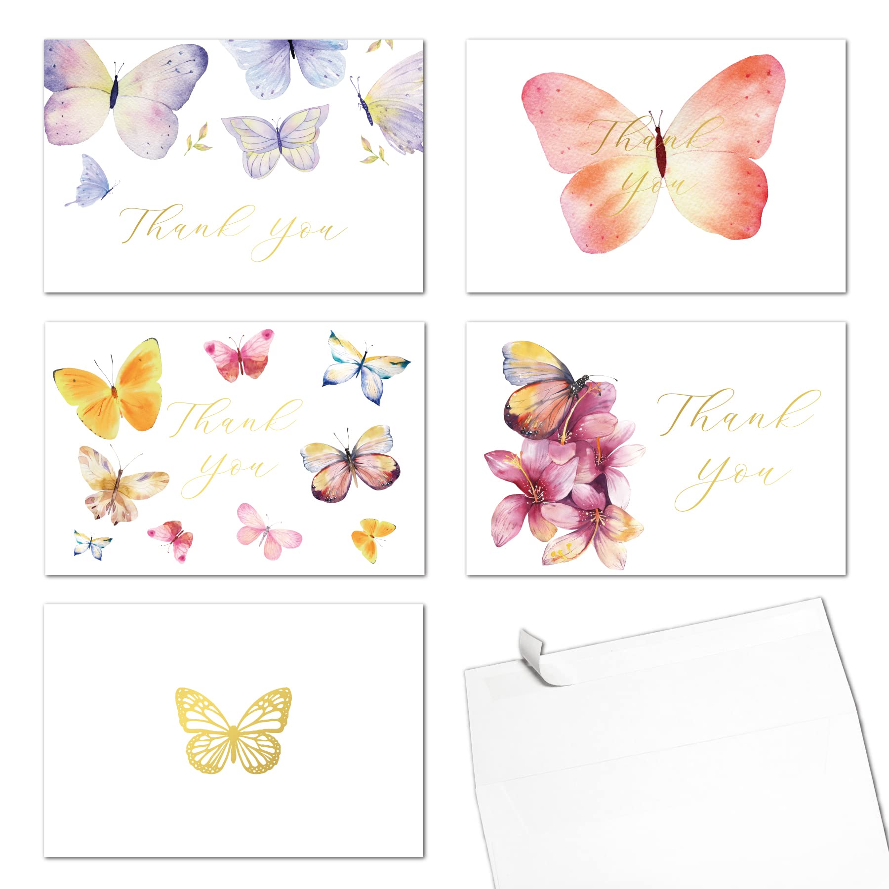 Gooji 4x6 Butterfly Gold Foil Thank You Cards with Envelopes (Bulk 20-Pack) Peel-and-Seal Envelopes Assorted Set, Birthday, Baby Shower, Bridal Shower, Weddings, Small Business