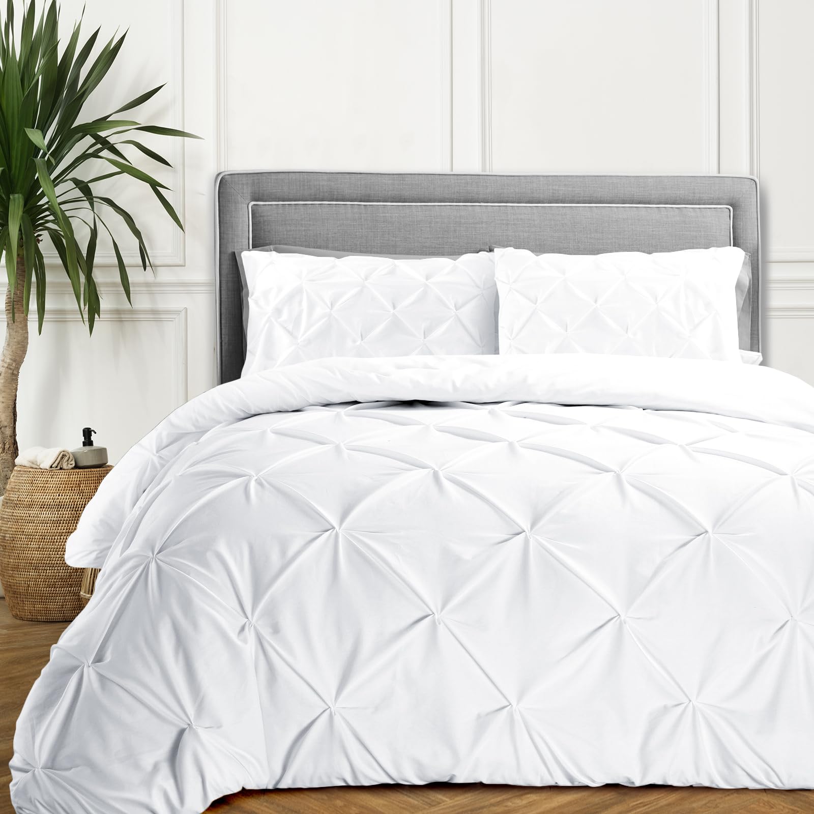 SGI bedding Duvet Cover Oversized Queen Size 600 Thread Count 3 Piece Set - Super Soft Luxury Sateen Weave & Breathable All Season Comforter Cover with Zipper Closure Corner Ties - White Pinch