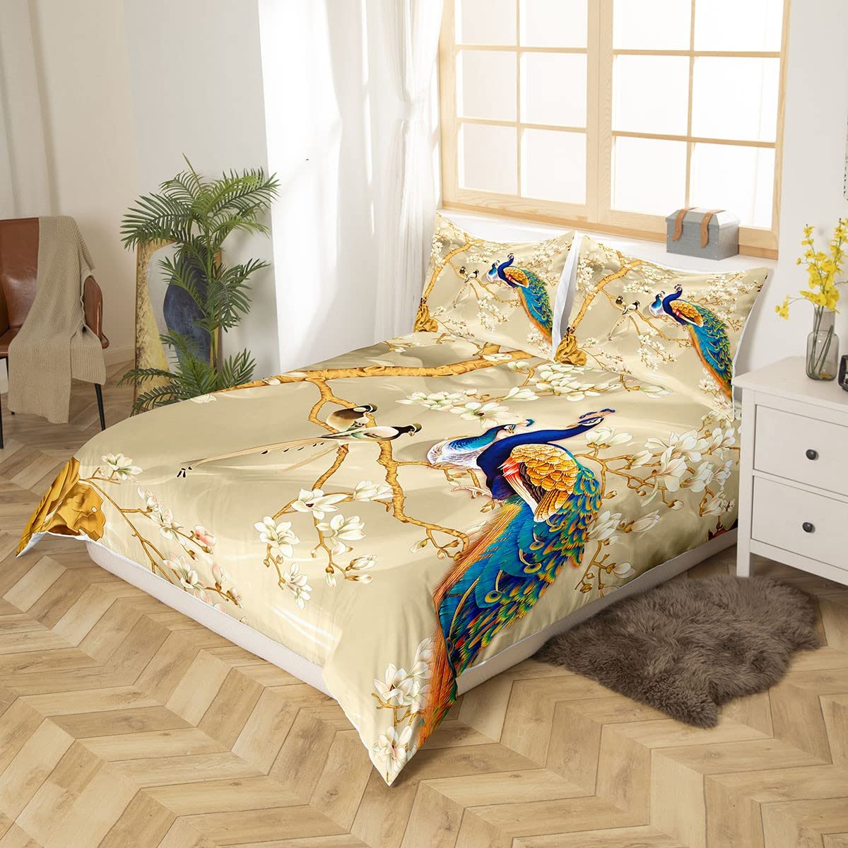 Feelyou Peacock Comforter Cover Set Peacock with Floral Bedding Set for Kids Adults Girls Animals Duvet Cover Botanical Bedspread Cover 1 Duvet Cover with 2 Pillowcases Queen Size (No Comforter)