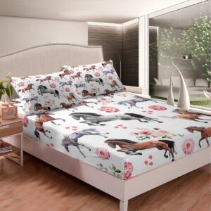 Horse Fitted Sheet Full Size Farm Western Cowboy Cowgirls Bed Sheets Kids Boys Girls Teens Pink Rose Floral Bedding Set Deep Pocket,Cute Lover Heart Kawaii Horse Microfiber Bed Cover,no Flat Top Sheet