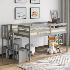 bellemave low loft bed with stairs twin loft bed with storage wood bed frame for kids teens girls boys, gray