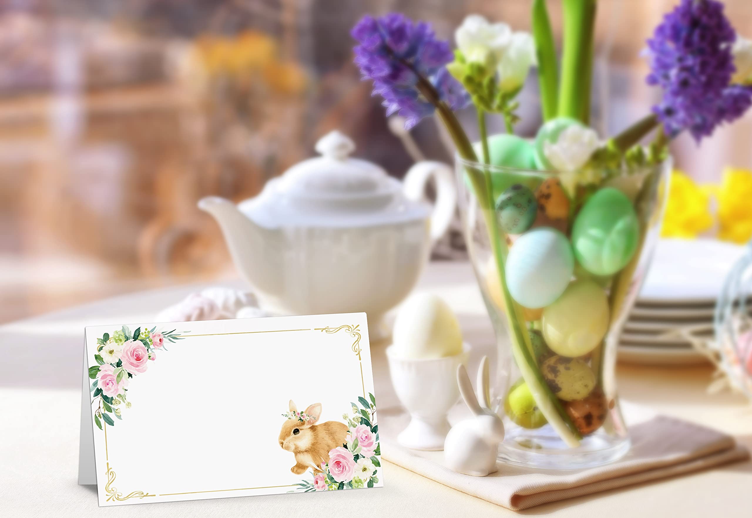 Table Place Card, Easter Tent Style Cards, Pack of 25 Half-Fold Reception Place Card, Cute Easter Egg Bunny, Easter Table Decor for Spring Wedding, Baby Shower, Dinner Party(F02)