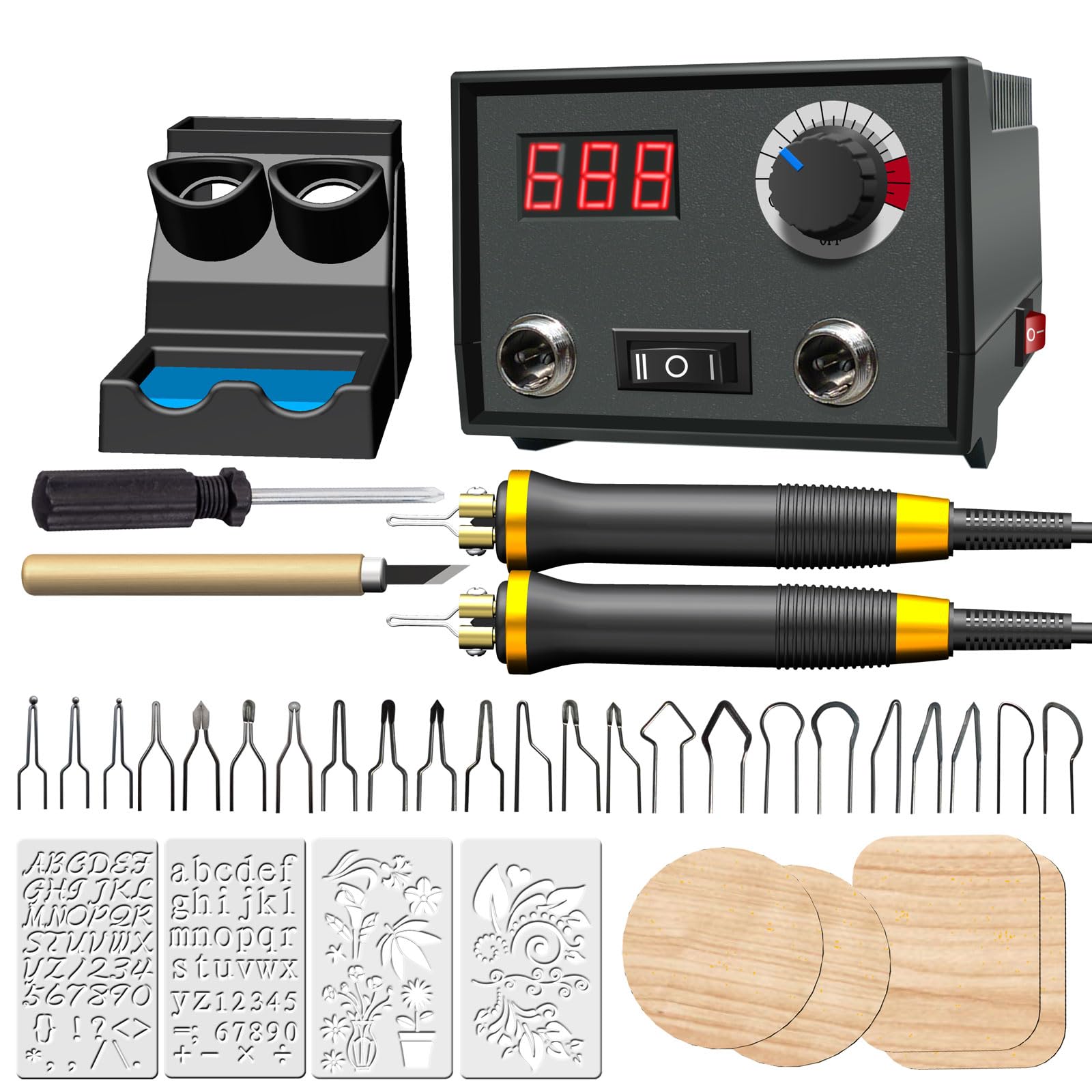 FIRElood Wood Burning Tool, Wood Burner kit Pen 25~750℃, Wood Burning kit with Digital Thermometer Temperature Adjustable Temperature, 2 pyrographic Wood Burning pens, 23 Wood Burning Pen Tips