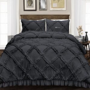 duvet cover king/cal king size 600 thread count 3 piece set - super soft luxury sateen weave & breathable all season comforter cover with zipper closure corner ties - dark grey diamond ruffle