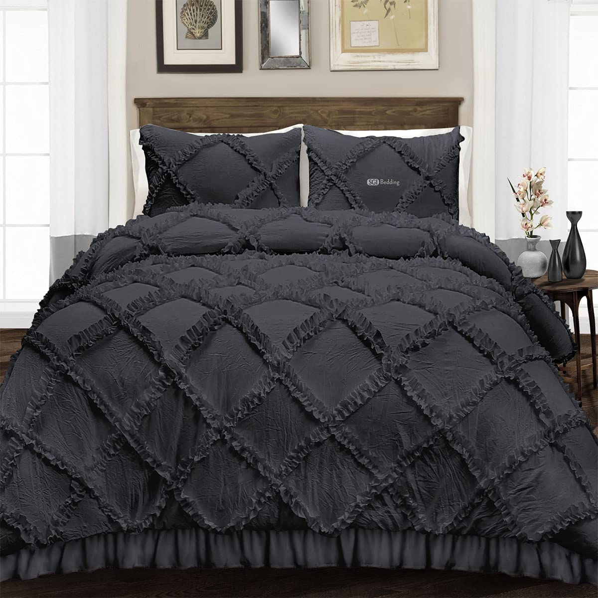 Duvet Cover King/Cal King Size 600 Thread Count 3 Piece Set - Super Soft Luxury Sateen Weave & Breathable all season Comforter Cover with Zipper Closure Corner Ties - Dark Grey Diamond Ruffle