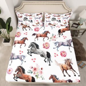 horse fitted sheet full size farm western cowboy cowgirls bed sheets kids boys girls teens pink rose floral bedding set deep pocket,cute lover heart kawaii horse microfiber bed cover,no flat top sheet