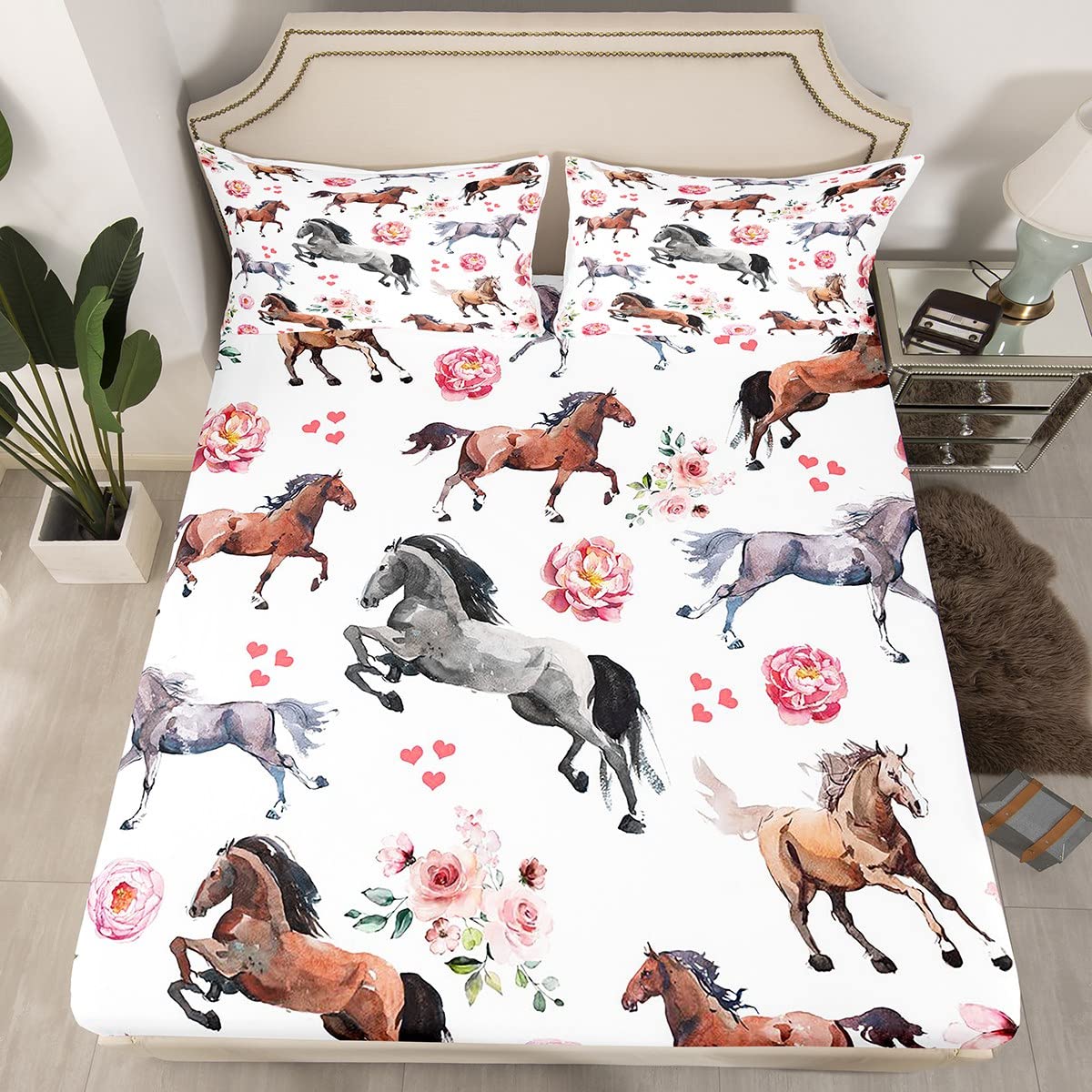 Horse Fitted Sheet Full Size Farm Western Cowboy Cowgirls Bed Sheets Kids Boys Girls Teens Pink Rose Floral Bedding Set Deep Pocket,Cute Lover Heart Kawaii Horse Microfiber Bed Cover,no Flat Top Sheet