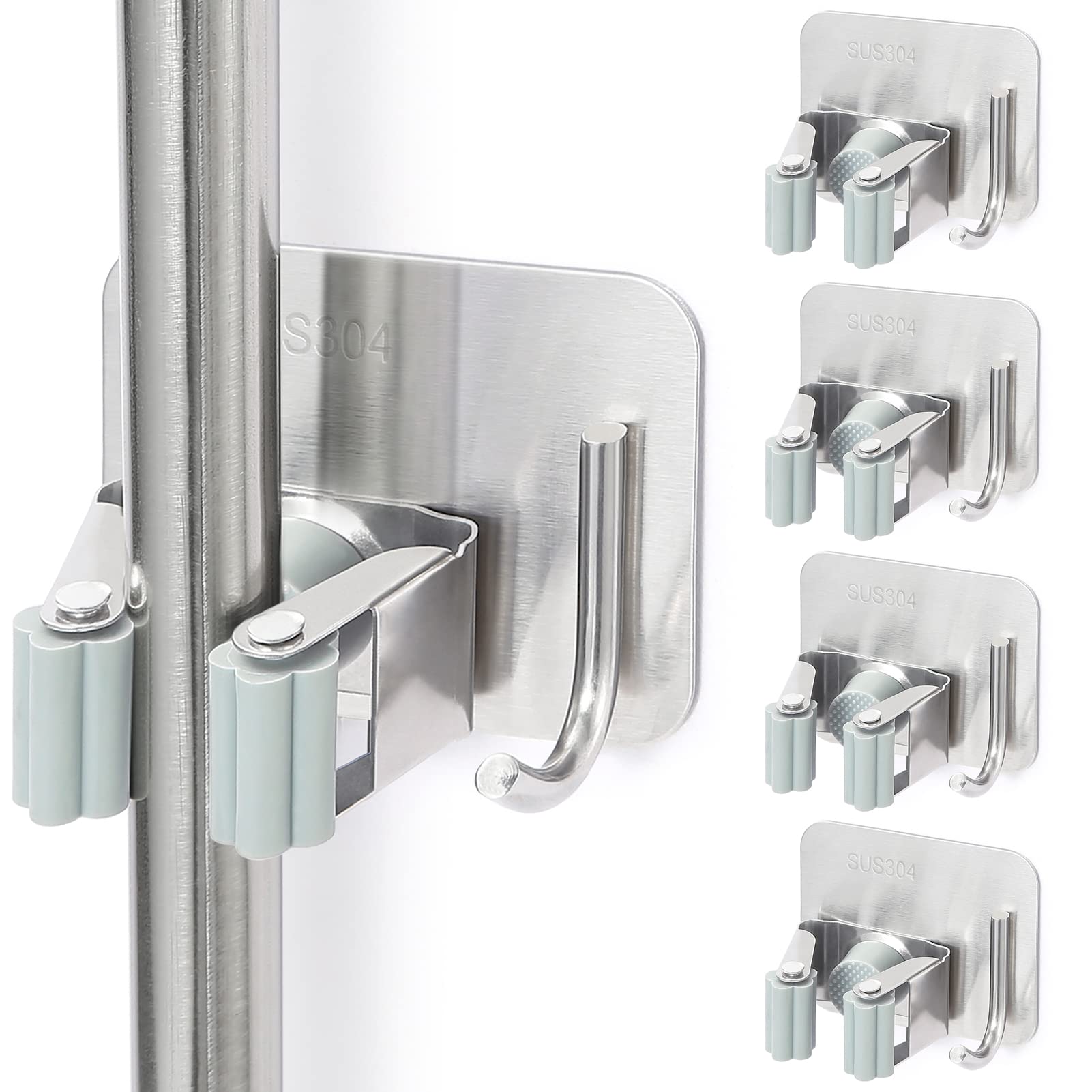 YUWANTING Stainless Steel Broom Holder, Rust Resistant, Self Adhesive, 4 Gripper Positions, 4 Hooks, Silver