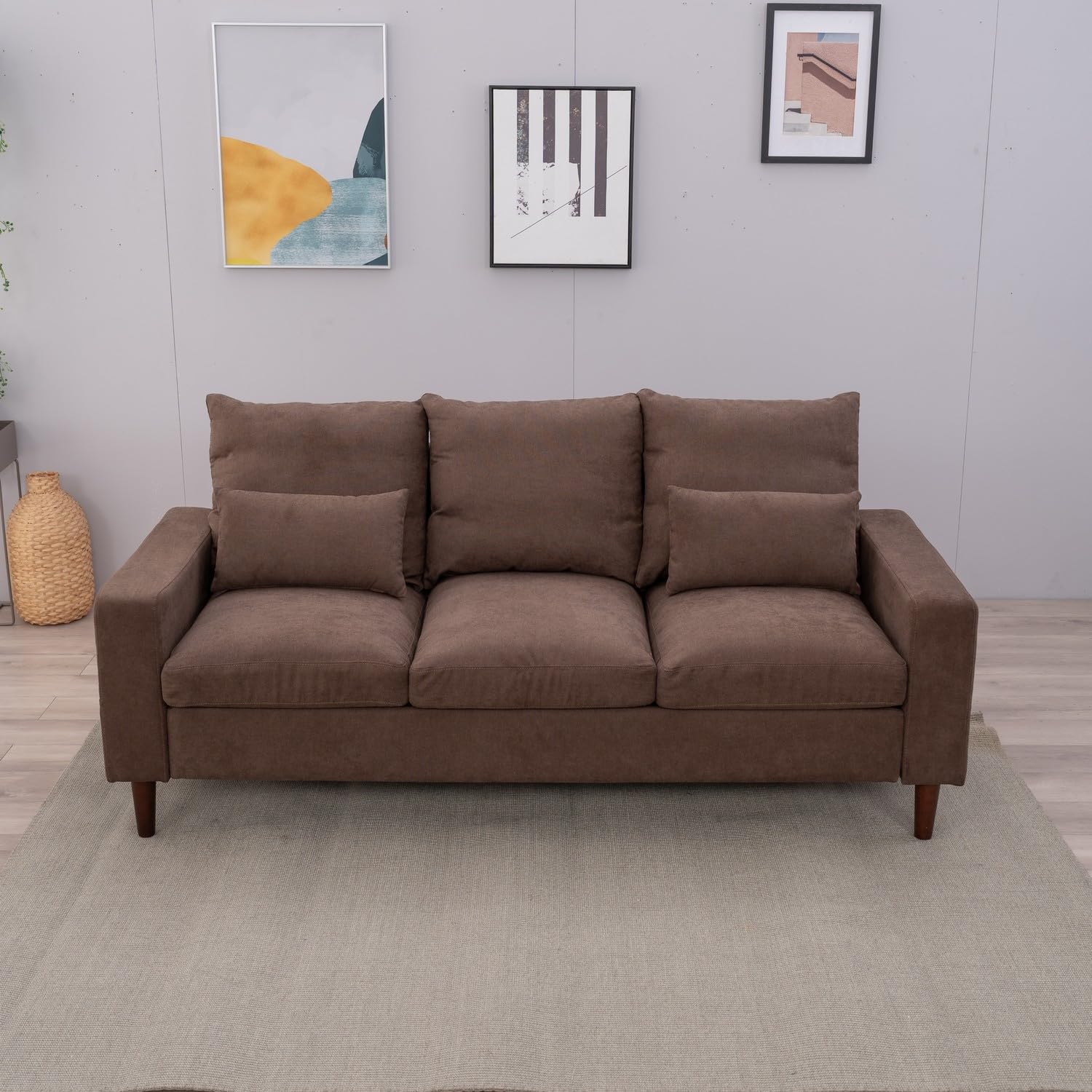 Panana Modern 3 Seater Sofa Couch Upholstered Fabric Couch Sofa for Small Space, Living Room, Apartment (Brown)