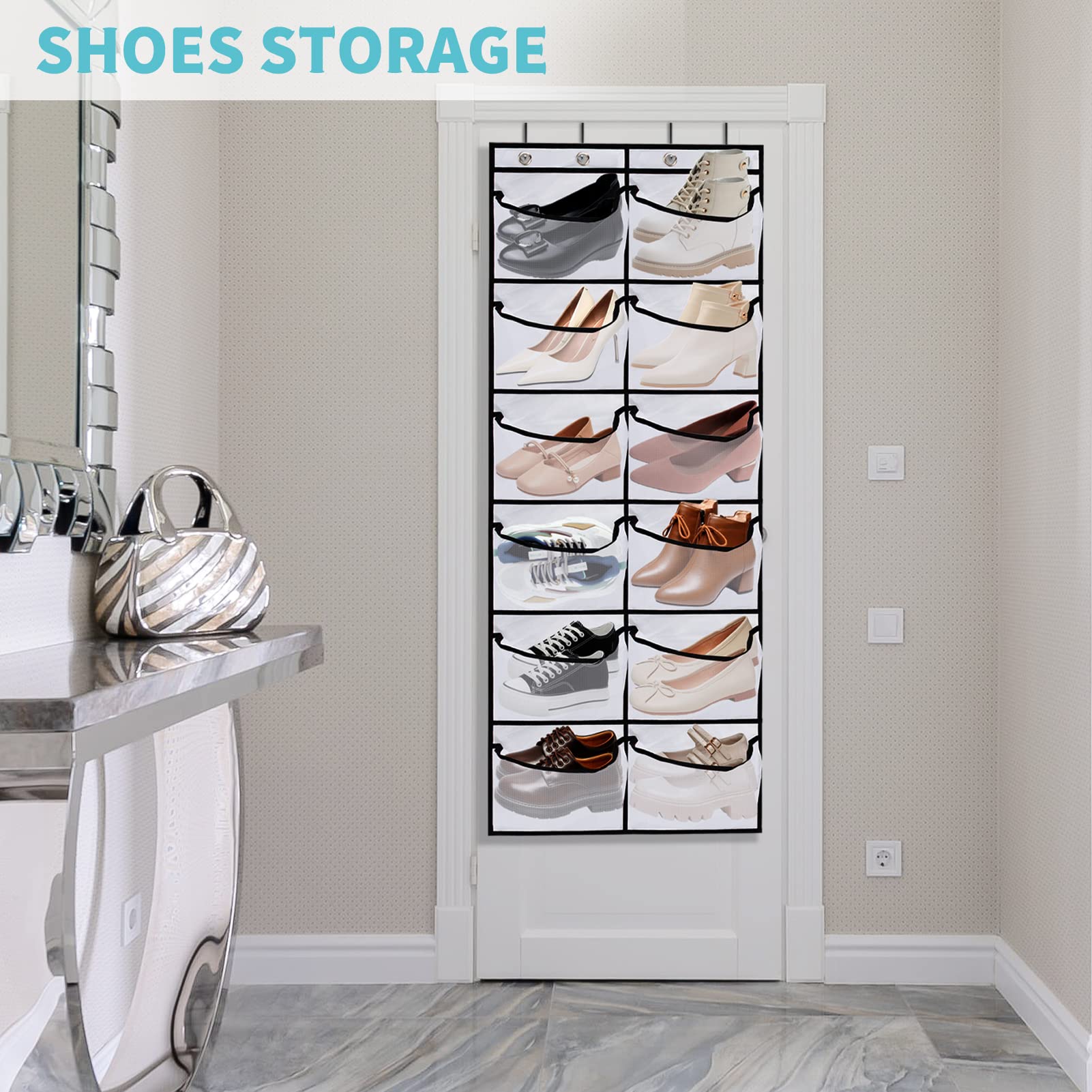 YOCOMEY 2 Packs Over the Door Shoe Organizer, 24 Extra Large Mesh Pockets Hanging Shoe Boots Rack Holder, Closet Hanging Organizers for Storage Sneakers High Heeled Shoes Slippers (White)