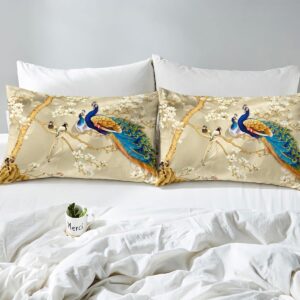 Feelyou Peacock Comforter Cover Set Peacock with Floral Bedding Set for Kids Adults Girls Animals Duvet Cover Botanical Bedspread Cover 1 Duvet Cover with 2 Pillowcases Queen Size (No Comforter)