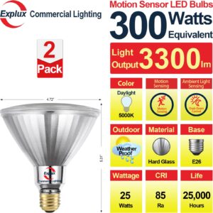 Explux 300W Equivalent Motion Sensor Flood Light Bulbs, Ultra Bright 3300 Lumens, Outdoor PAR38 Security LED Bulbs with Dusk to Dawn Control, Daylight 5000K, 2-Pack