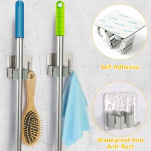 YUWANTING Stainless Steel Broom Holder, Rust Resistant, Self Adhesive, 4 Gripper Positions, 4 Hooks, Silver