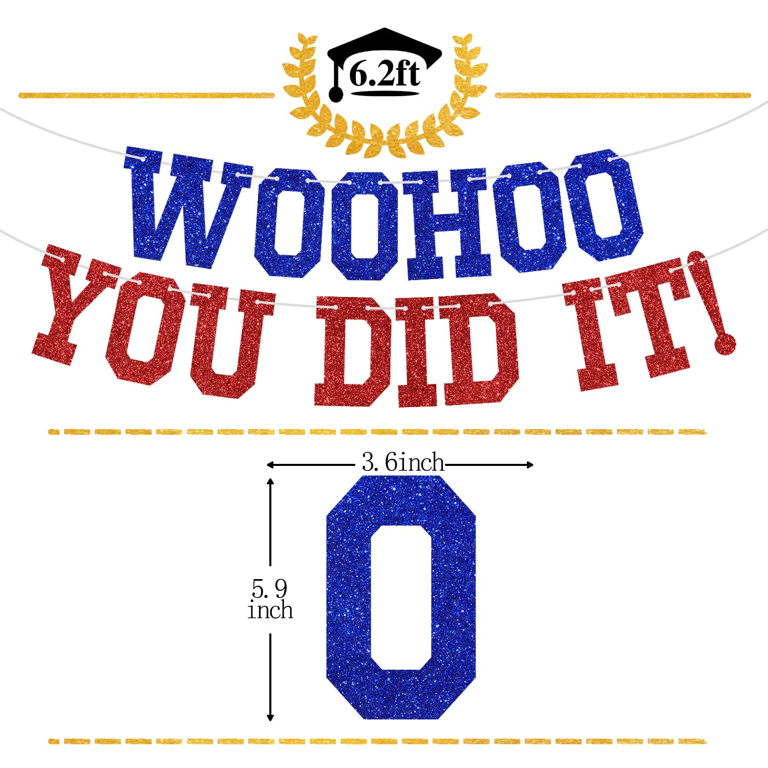 Woohoo You Did It Banner - Congrats Grad Sign, So Proud of You, 2025 High School/College Graduation Party Decorations Supplies, Blue and Red Glitter