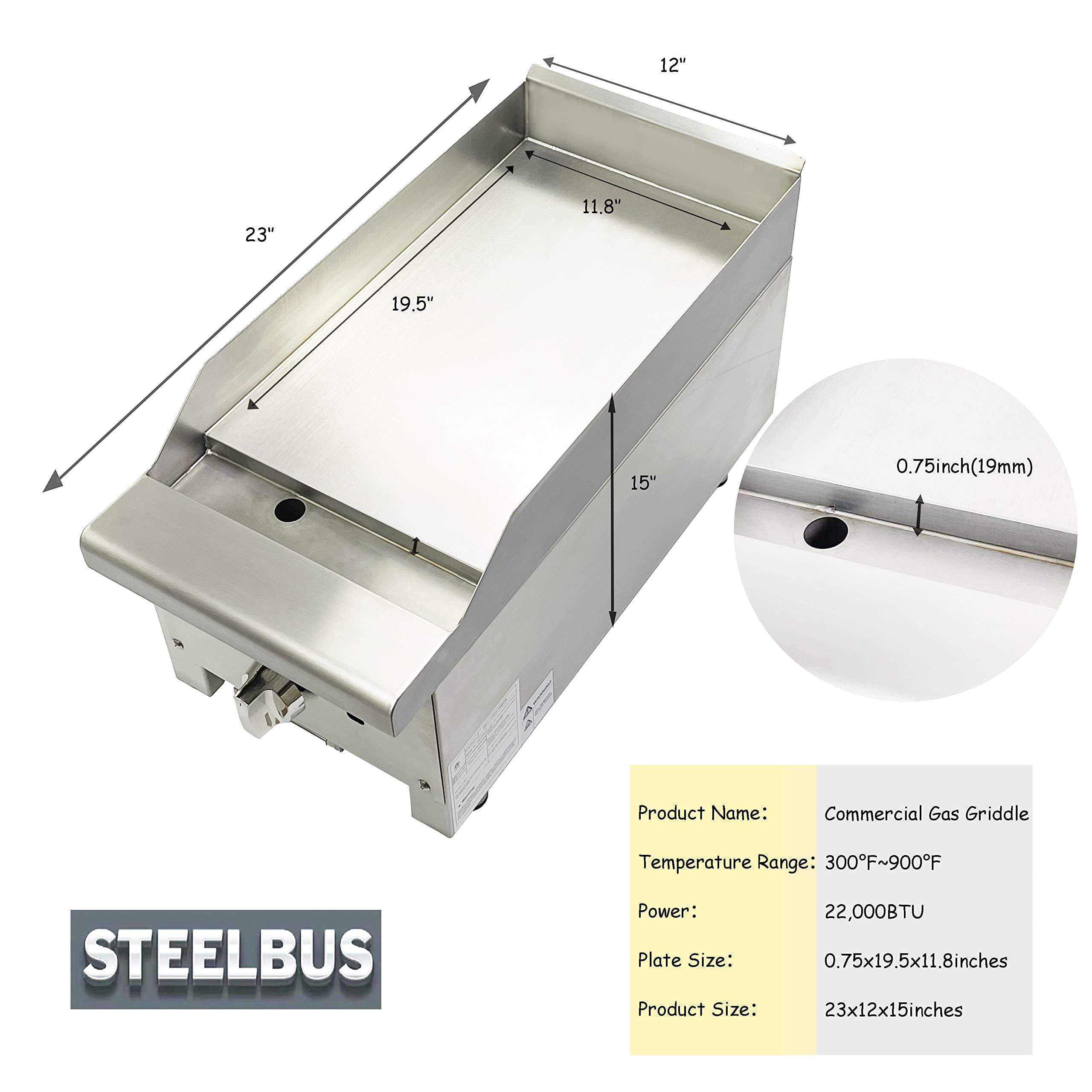 STEELBUS Commercial Gas Griddle-12''x23'' | Gas griddle flat top grill |19MM Thicken Heating Plate Heavy duty Stainless Steel gas Griddle,Countertop Griddle for Restaurant Equipment-22,000 BTU 6000W