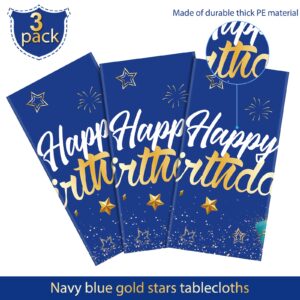 Tegeme Navy Blue Party Supplies Blue Stars Happy Birthday Tablecloths Blue Starry Confetti Table Covers for Kids Boys Girls Baby Shower Birthday Party Decorations (Navy Blue and Gold, 3 Pack)