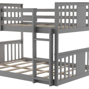 Harper & Bright Designs Full Over Full Low Bunk Bed with Headboard and Footboard, Wooden Bunk Bed with Ladder, for Toddlers Kids Boys Girls - Gray