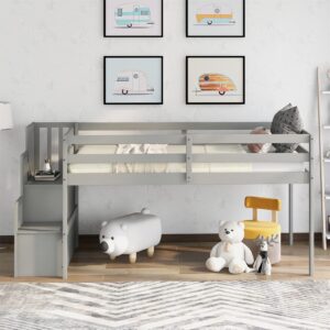 Bellemave Low Loft Bed with Stairs Twin Loft Bed with Storage Wood Bed Frame for Kids Teens Girls Boys, Gray