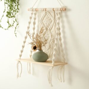 Macrame Hanging Shelf with Handmade Woven Tassel Hanger Rustic Wall Shelves Aesthetic Hanging Shelf Aesthetic Wall Decor Aesthetic Room Decor Rope Floating Shelf for Photo Frame Plant Hangers (D)