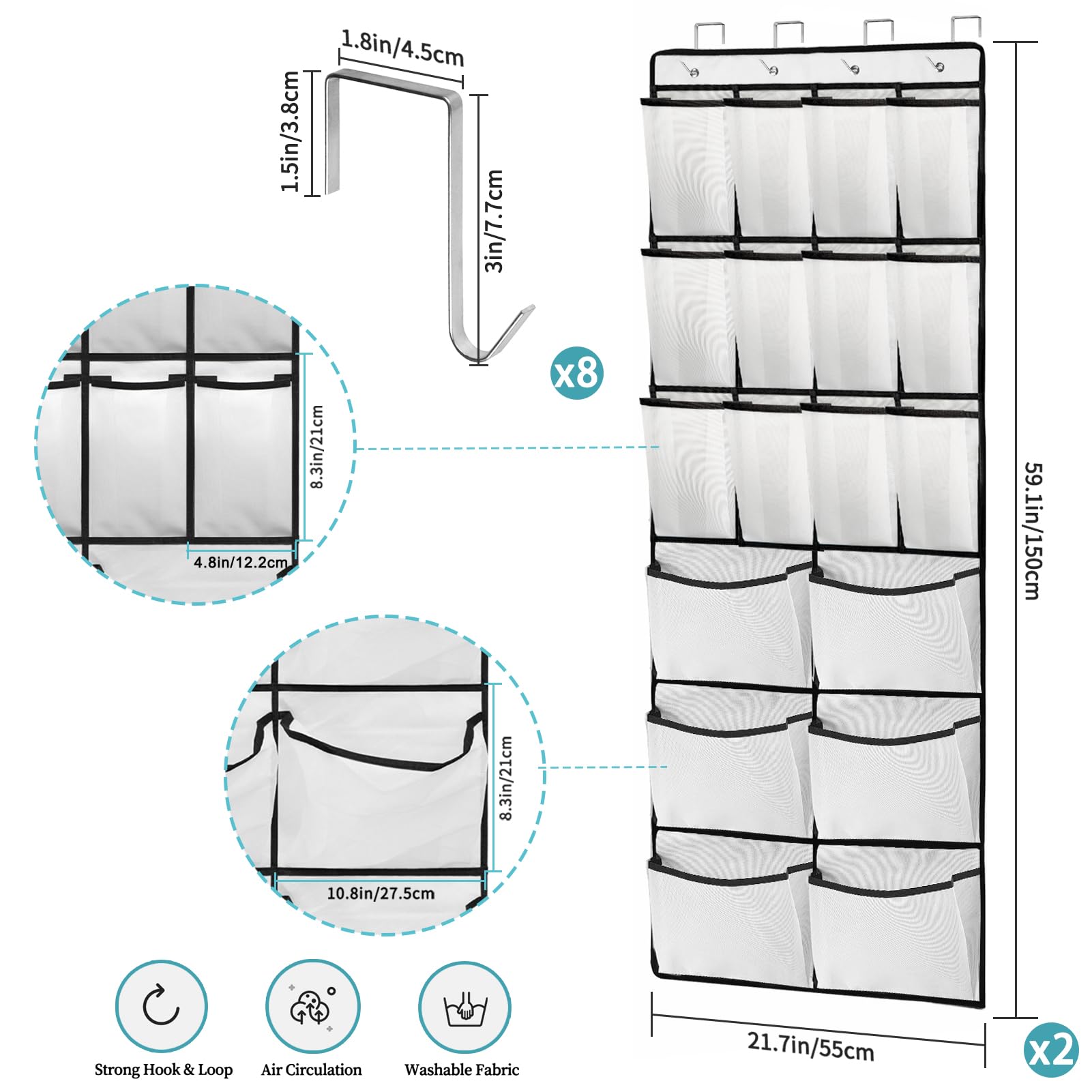 YOCOMEY 2 Packs Over the Door Shoe Organizer, 24 Extra Large Mesh Pockets Hanging Shoe Boots Rack Holder, Closet Hanging Organizers for Storage Sneakers High Heeled Shoes Slippers (White)