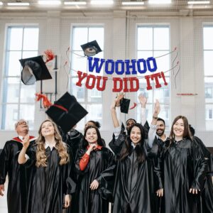 Woohoo You Did It Banner - Congrats Grad Sign, So Proud of You, 2025 High School/College Graduation Party Decorations Supplies, Blue and Red Glitter