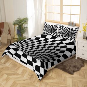 Castle Fairy Op Art Bedding Set,Black White Grid Duvet Cover for Kids Teen Boys Girls,Geometric Arrangement Comforter Cover Decorative Room,Visual Geometry Quilt Cover with 2 Pillowcases,King Size