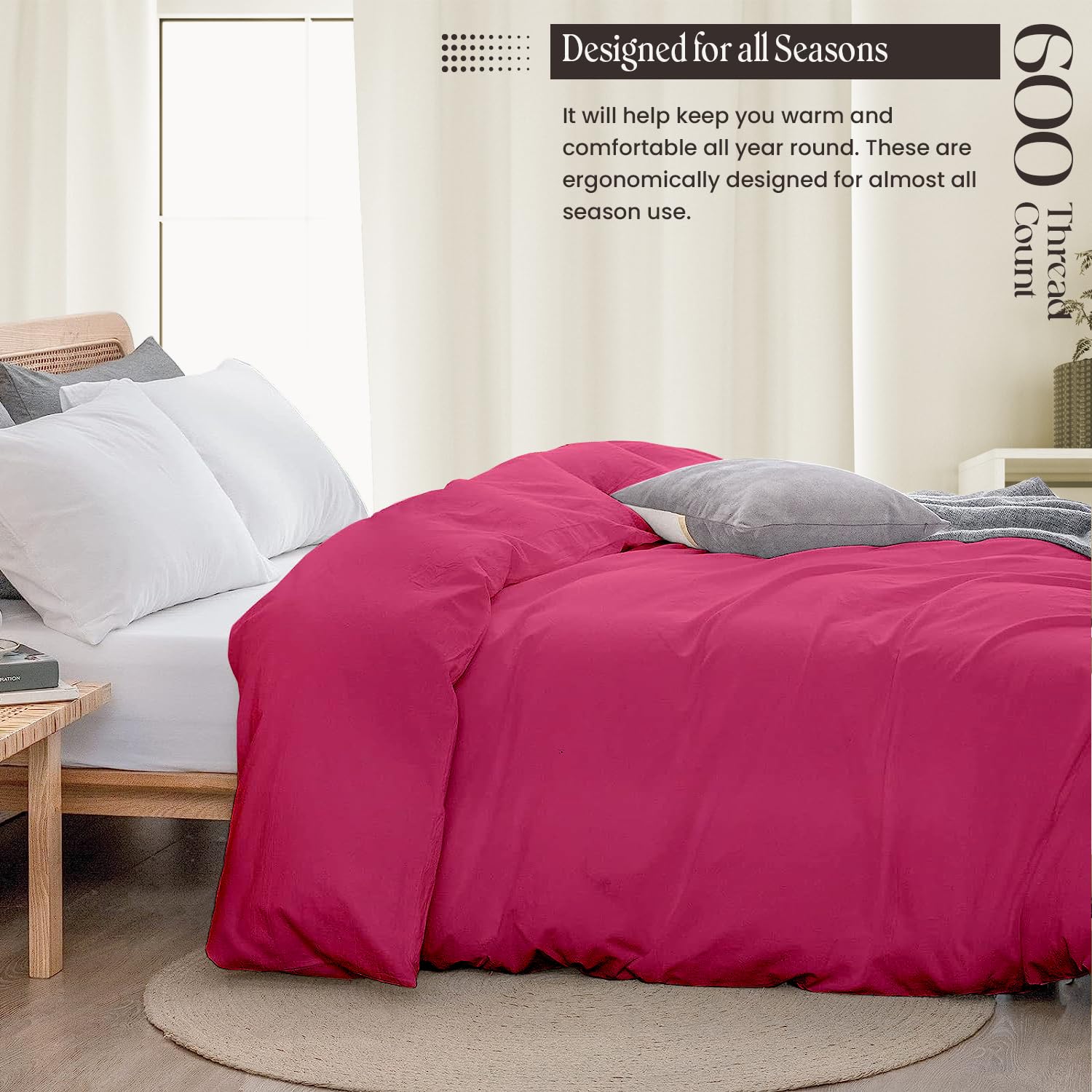 SGI bedding 3 Piece Full/Queen Size Duvet Cover - 600 Thread Count, 1 Duvet Cover 2 Pillows Covers, Premium, Soft, Cooling & Breathable Duvet Cover, Zipper Closure and Corner Ties - Hot Pink