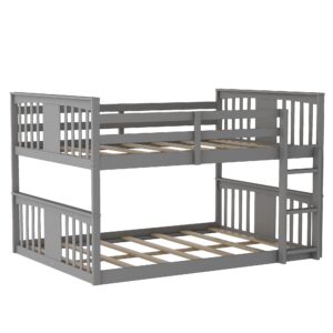 Harper & Bright Designs Full Over Full Low Bunk Bed with Headboard and Footboard, Wooden Bunk Bed with Ladder, for Toddlers Kids Boys Girls - Gray