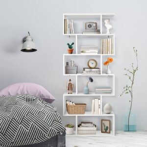 Giantex Geometric Bookcase White, S-Shaped Wooden Bookshelf, 6-Tier Modern Freestanding Decorative Storage Display Shelves for Bedroom, Living Room