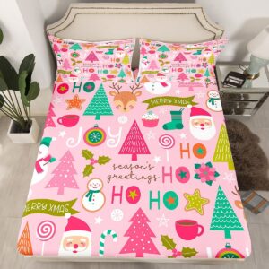 erosebridal pink christmas fitted sheet, cartoon santa claus bedding set twin for kids boys girls women, snowman pine bed sheets christmas tree cute deer bedding decor set xmas decor, 1 pillowcase