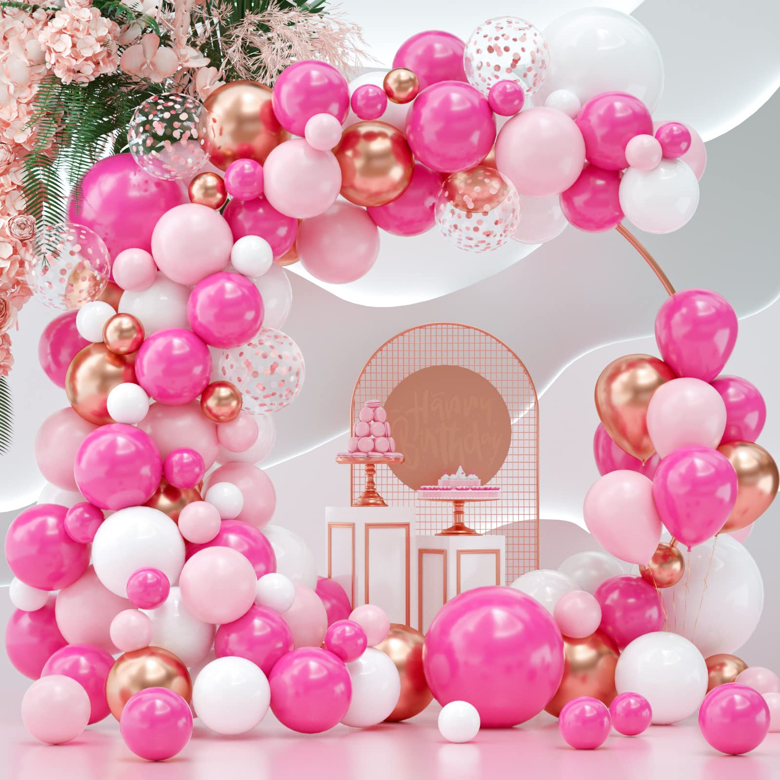 Pink Balloons Arch Kit, 114 Pcs Hot Pink and White Balloons Garland Arch Kit for Barbie Princess Theme, Baby Shower, Graduation, Wedding, Birthday, Valentine's Party Supplies Decoration