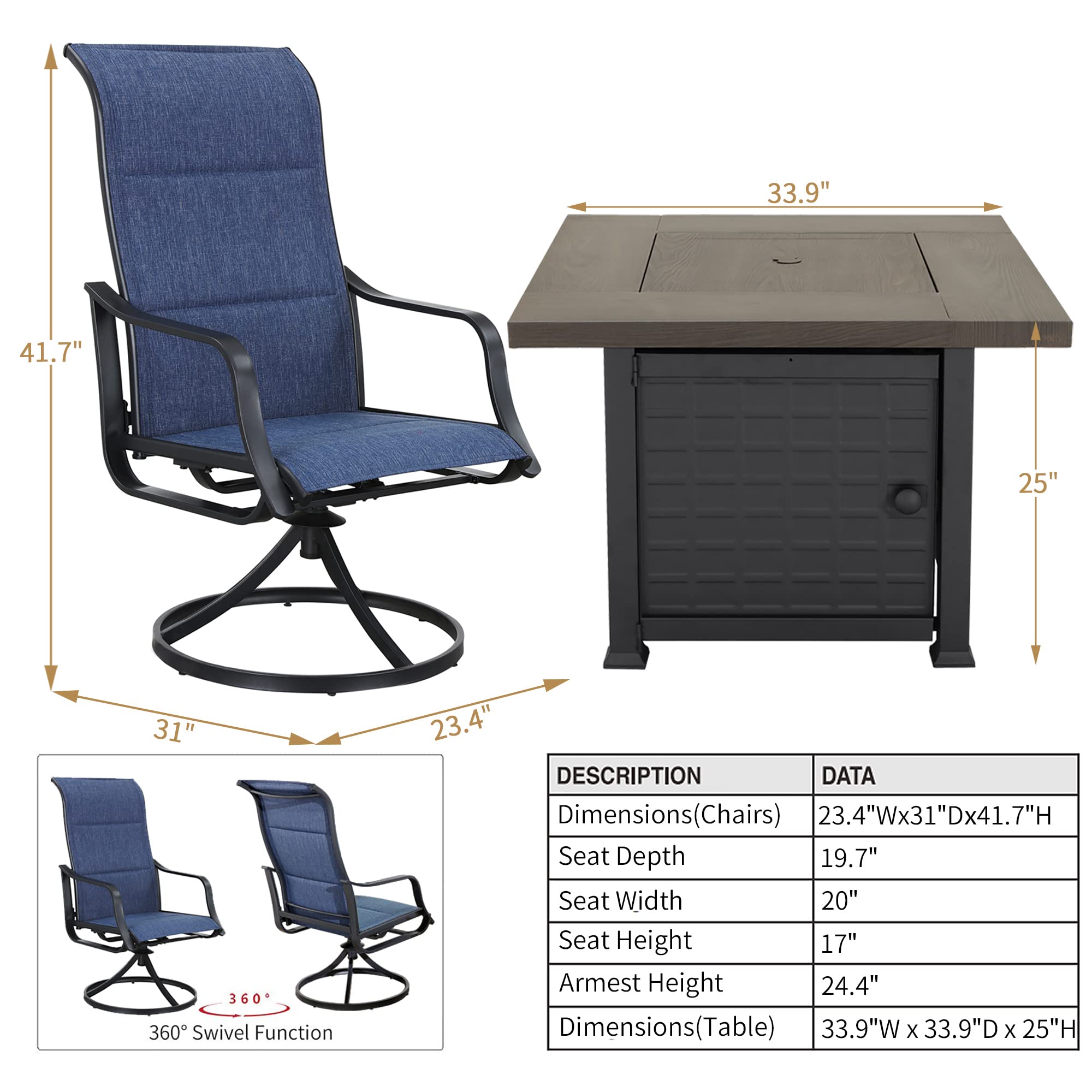 PatioFestival Patio Dining Set 5 Pieces High Back Outdoor Furniture Sets 50,000 BTU Square Propane Fire Pit Table with Outside Swivel Rocker Dining Chairs(Blue)