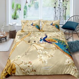 feelyou peacock comforter cover set peacock with floral bedding set for kids adults girls animals duvet cover botanical bedspread cover 1 duvet cover with 2 pillowcases full size (no comforter)