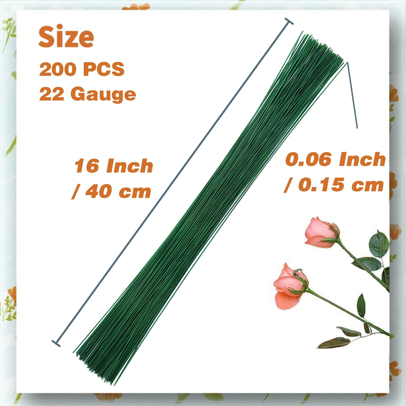 Hamiggaa 200 Pcs Floral Flower Stem Wire,16 Inch 22 Gauge Flower Paper Wrapped Wire,Green Crafting Floral Stem for Flower Arrangements DIY,Bouquent Stem Wrapping and Crafts