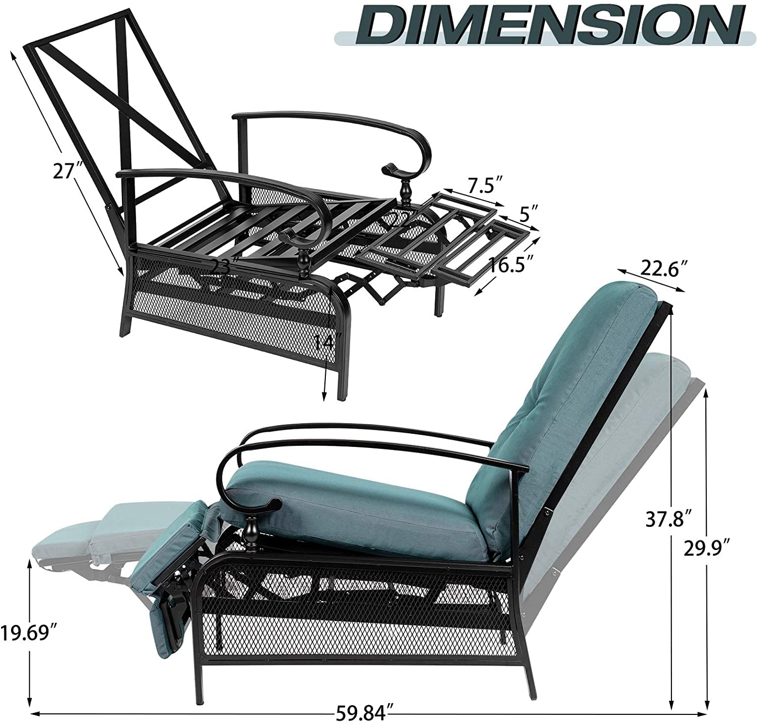 Omelaza Adjustable Outdoor Lounge Chair with Removable Cushions - Metal Recliner Sofa for Patio, Garden, Poolside - Peacock Blue