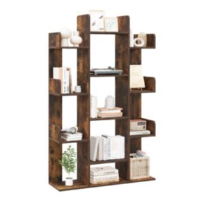 tangkula freestanding tree bookshelf, corner storage organizer with 13 open shelves, decorative display cube shelf for living room, study, office, 34 x 9.5 x 55.5 inch (1, rustic brown)