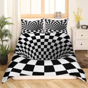 Castle Fairy Op Art Bedding Set,Black White Grid Duvet Cover for Kids Teen Boys Girls,Geometric Arrangement Comforter Cover Decorative Room,Visual Geometry Quilt Cover with 2 Pillowcases,King Size