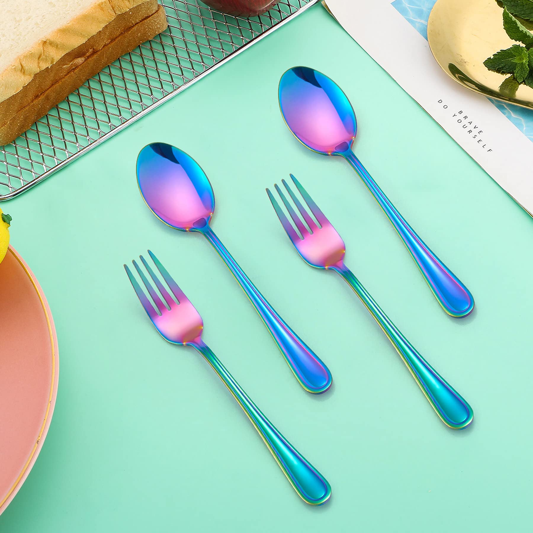 LIANYU 6-Piece Kids Forks and Spoons Silverware Set, Rainbow Children Toddler Utensils Set, Stainless Steel Child Flatware Cutlery Set for Home Preschools, Dishwasher Safe