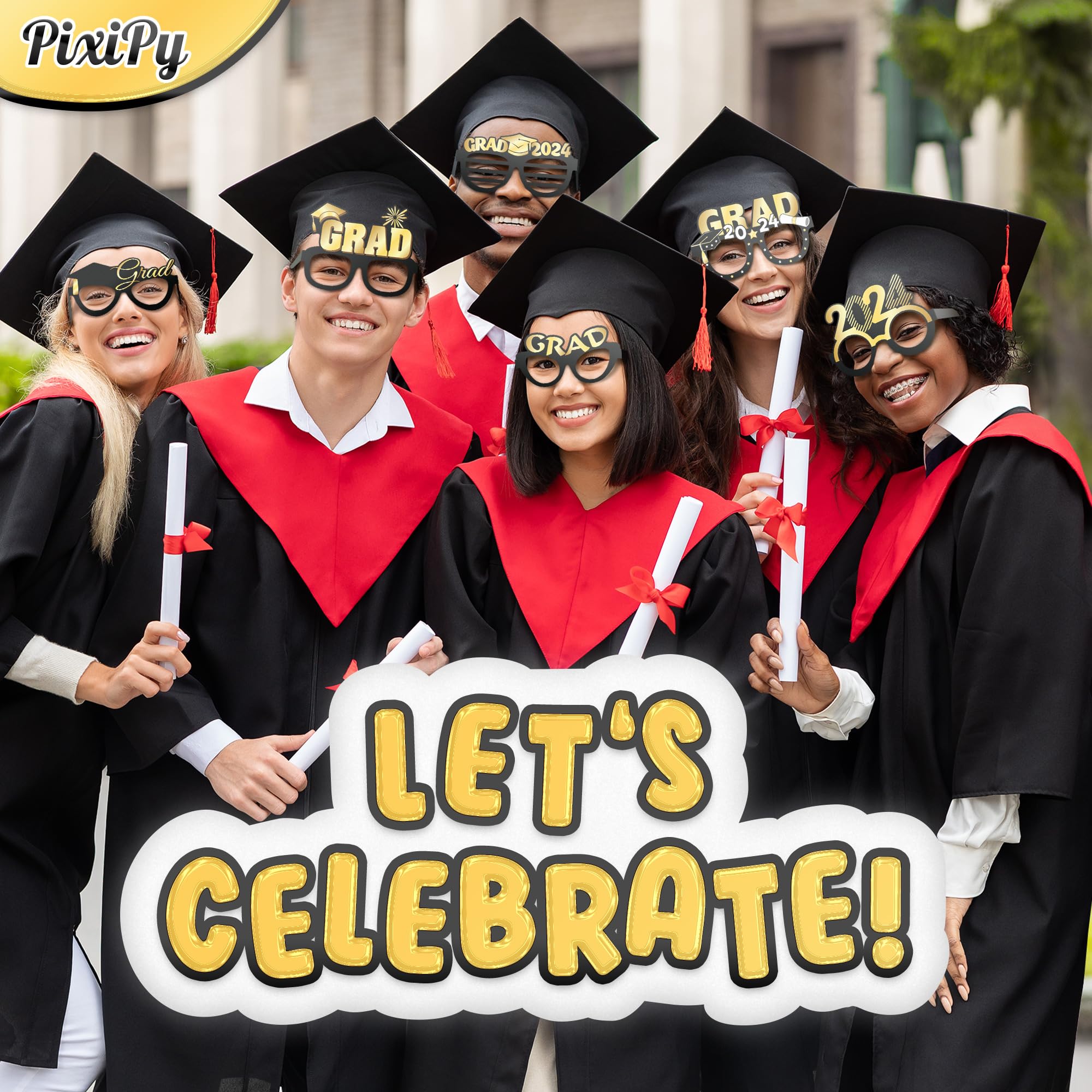 PixiPy 2024 Graduation Photo Booth Props Glasses (20 Pack, Black & Gold), Fun Photo Shoot Party Selfie Accessories for College or High School Senior Grad Celebration