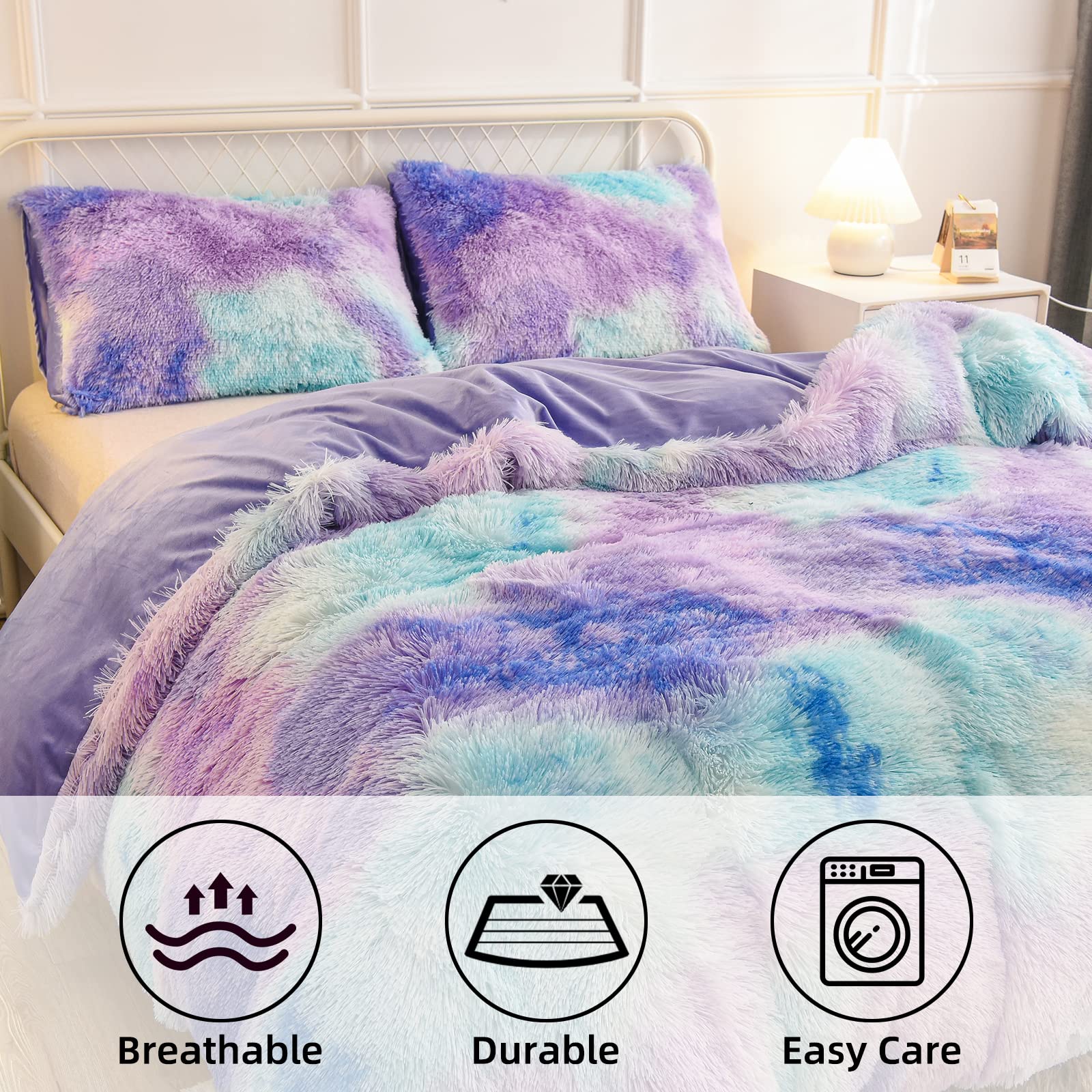 A Nice Night Shaggy Fluffy Faux Fur Duvet Cover Set, Tie Dye Style,Softest, Luxury Ultra Soft Crystal Velvet Bedding Sets, Zipper Closur (Queen, Purple-Blue)