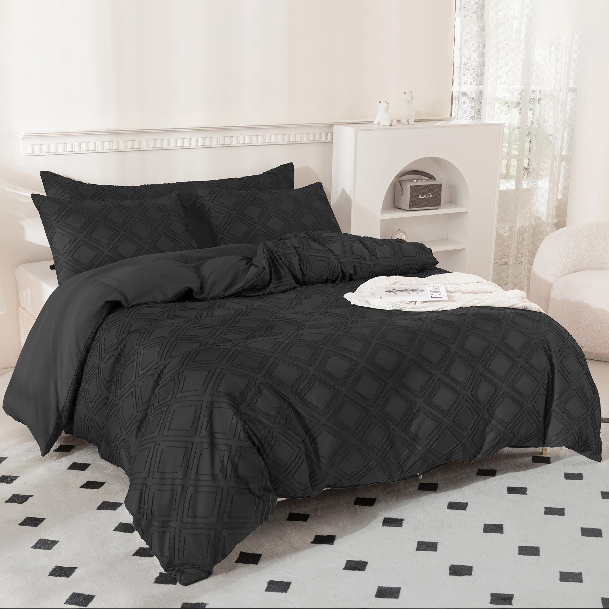 JELLYMONI Duvet Cover Queen Size - Black Microfiber Tufted Duvet Cover Set, Boho Textured Duvet Cover Jacquard Rhombus Geometric Pattern Duvet Cover with Corner Ties & Zipper Closure