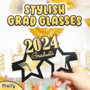 PixiPy 2024 Graduation Photo Booth Props Glasses (20 Pack, Black & Gold), Fun Photo Shoot Party Selfie Accessories for College or High School Senior Grad Celebration