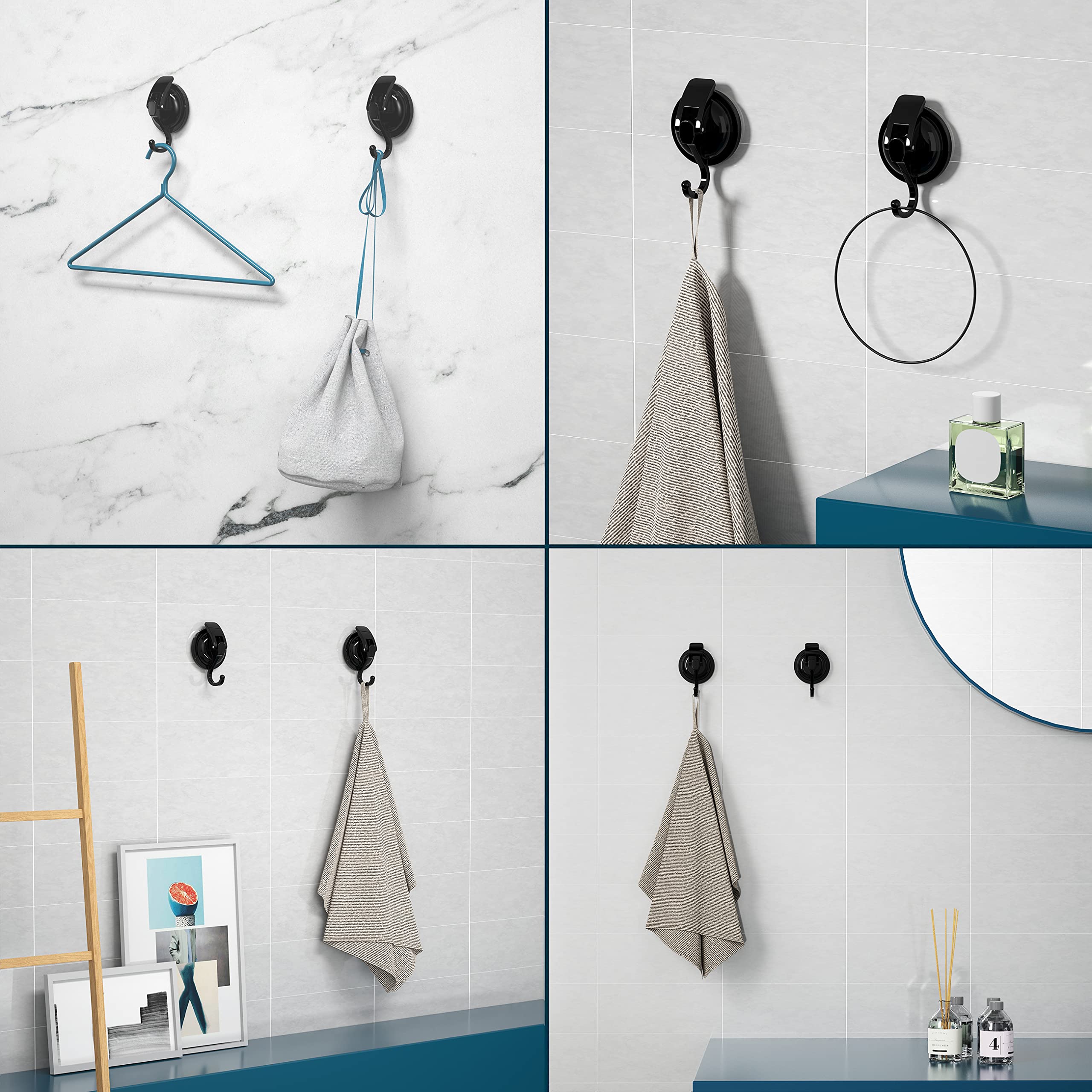 SOCONT Suction Cup Hooks for Shower, Heavy Duty Vacuum Shower Hooks for Inside Shower, Matte Black-Plated Plished Super Suction for Kitchen Bathroom Restroom, 6 Pack