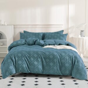 JELLYMONI King Size Grayish Blue Microfiber Tufted Duvet Cover Set, Boho Textured Jacquard Rhombus Geometric Pattern Duvet Cover with Corner Ties & Zipper Closure