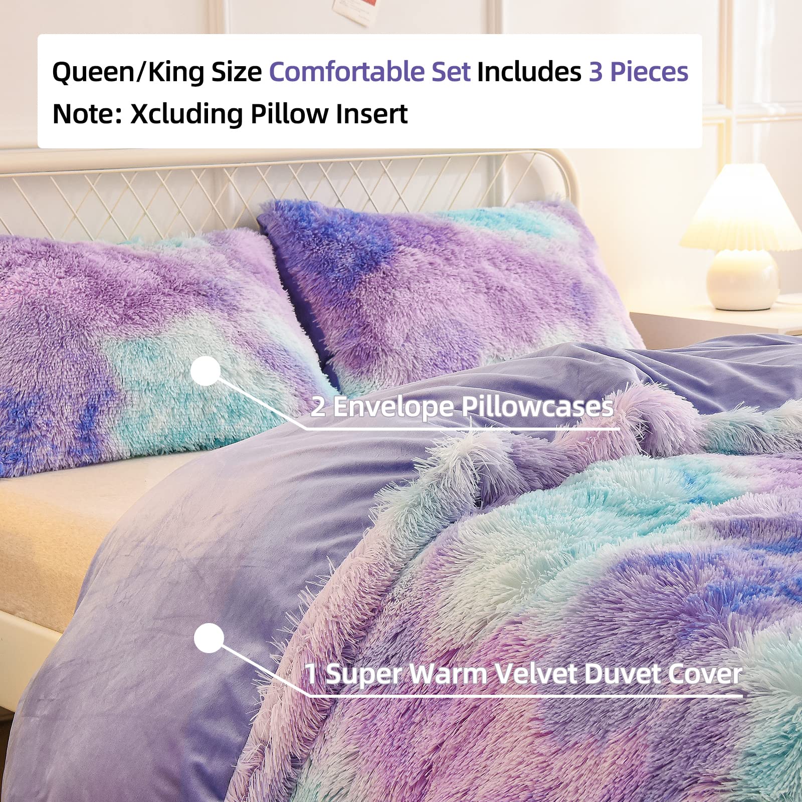 A Nice Night Shaggy Fluffy Faux Fur Duvet Cover Set, Tie Dye Style,Softest, Luxury Ultra Soft Crystal Velvet Bedding Sets, Zipper Closur (Queen, Purple-Blue)