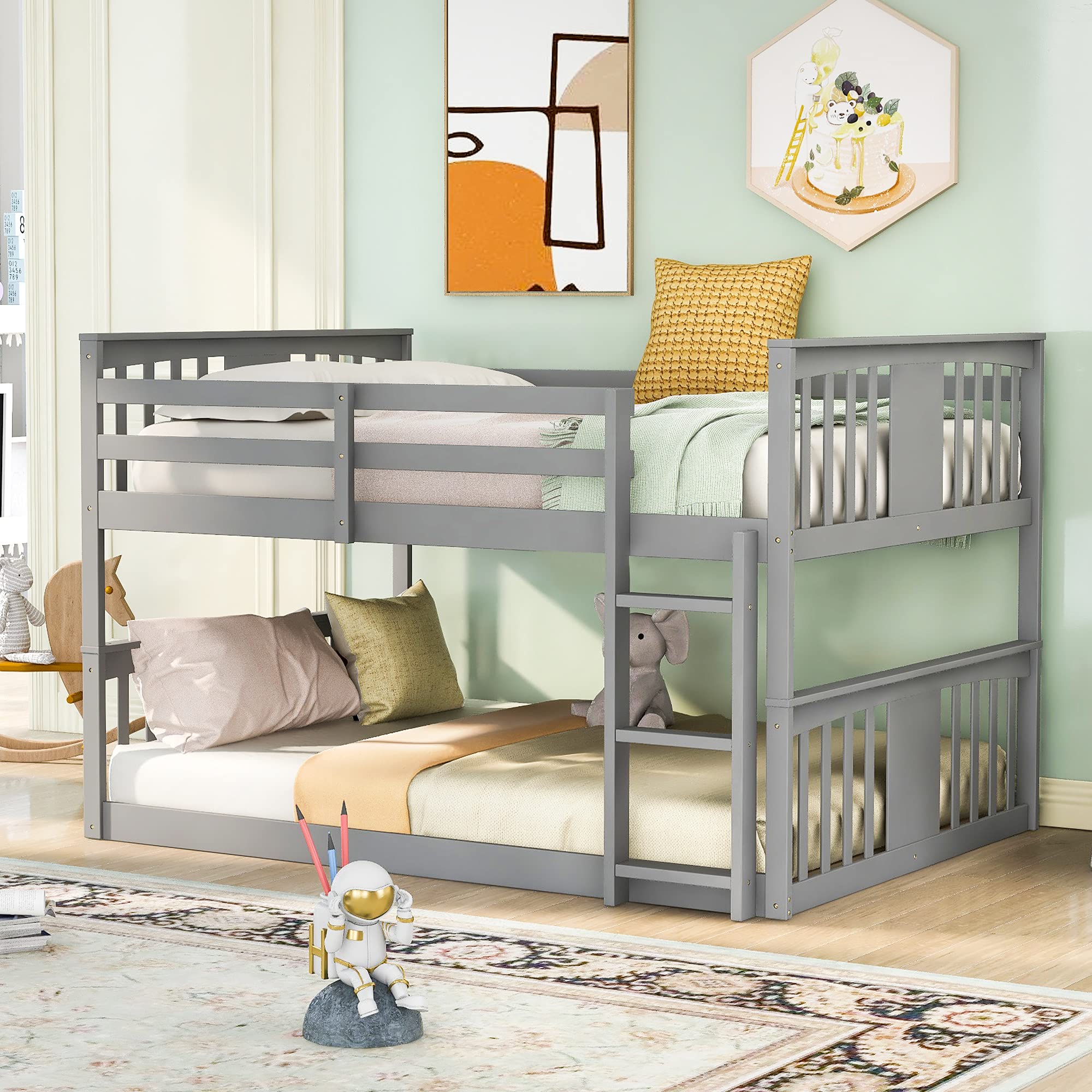 Harper & Bright Designs Full Over Full Low Bunk Bed with Headboard and Footboard, Wooden Bunk Bed with Ladder, for Toddlers Kids Boys Girls - Gray