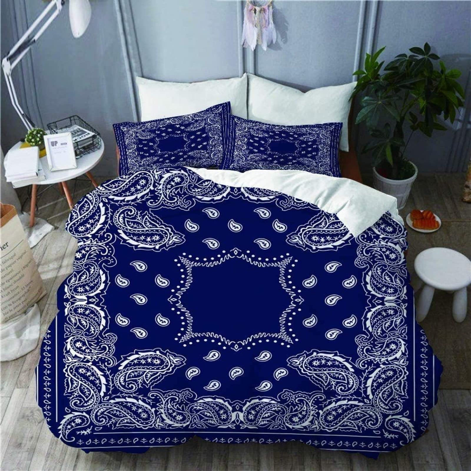 MAIJIEDUO Boho Bandana in Blue Bedding Sets 3 Piece Duvet Cover Breathable Quilt Cover with 2 Pillowslips for Guest Room School Dormitory Bedding Sets Lining (Queen 90'' X 90'')