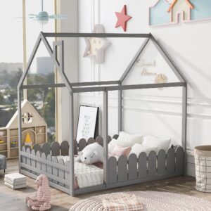 MERITLINE House Bed Full Size Playhouse Bed Frame with Roof Full Kids Bed for Girls Boys, Box Spring Needed, Grey