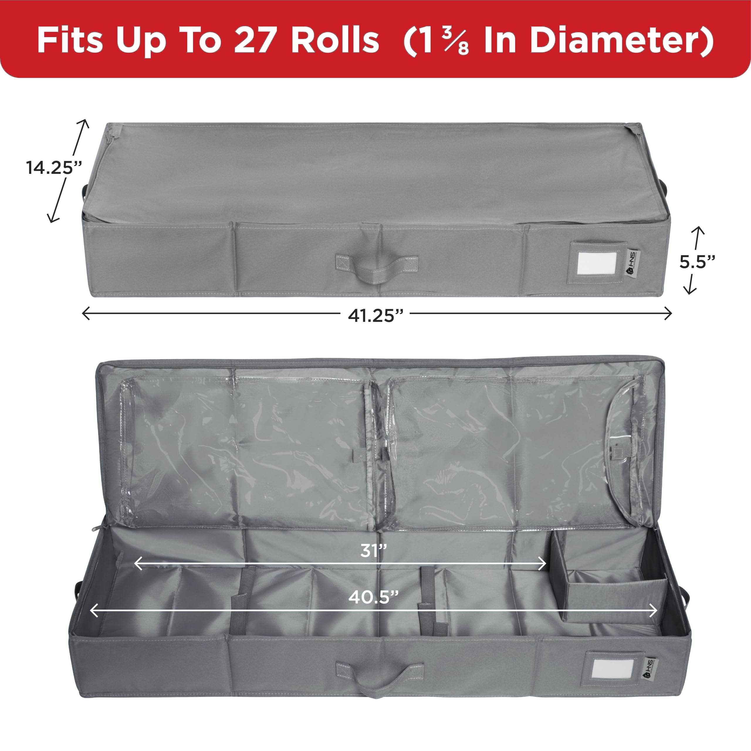 Premium Wrapping Paper Storage Container -Durable Material 600D tear-proof - Fits up to 27 Paper Rolls -Extra Pockets for Ribbons & Bows. Underbed Gift Wrap Organizer, Ideal for Holiday Christmas, etc